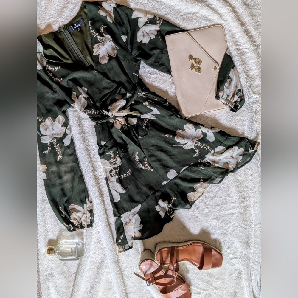 Lulus Floral Long Sleeve Mini Dress XS – Dark Green With Ivory Blossoms